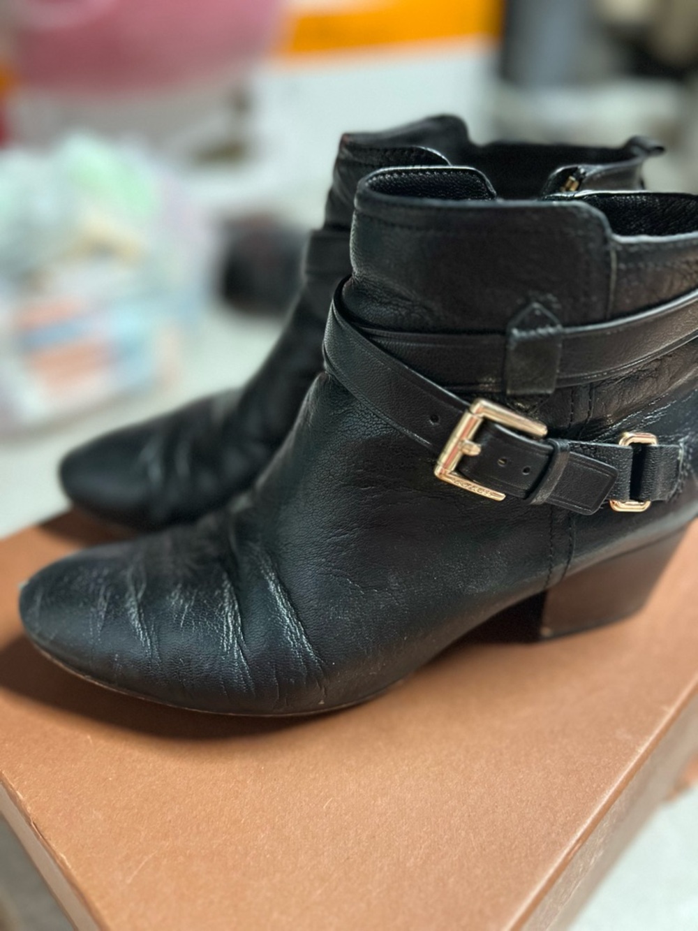 Coach Black Leather Ankle Booties with Gold Buckle